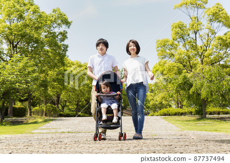 一對幸福的夫婦一邊推著嬰兒車，一邊沿著清新的綠色公園的長廊散步。家庭、幸福、感情的形象 87737494