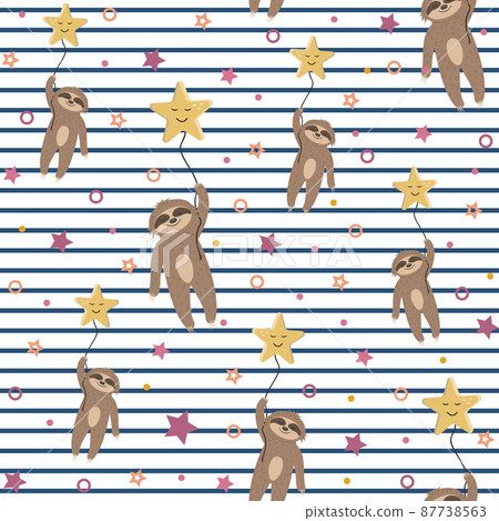Pattern Sloths in the sky flying on a sleeping star, children's wallpaper textile, white striped background 87738563