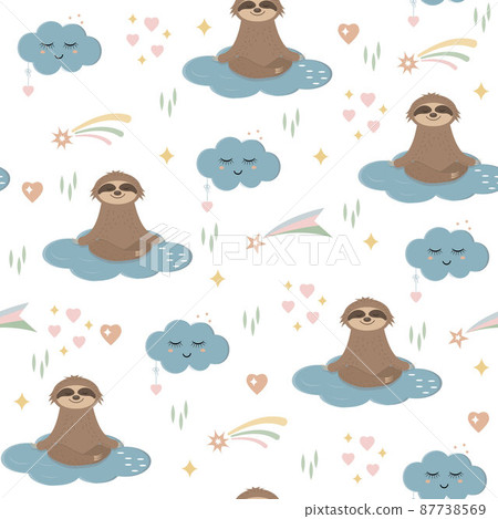Pattern of Sloths in the sky among clouds, stars and rainbows, children's wallpaper textile Pattern of Sloths in the sky among clouds, stars and rainbows, children's wallpaper textile 87738569