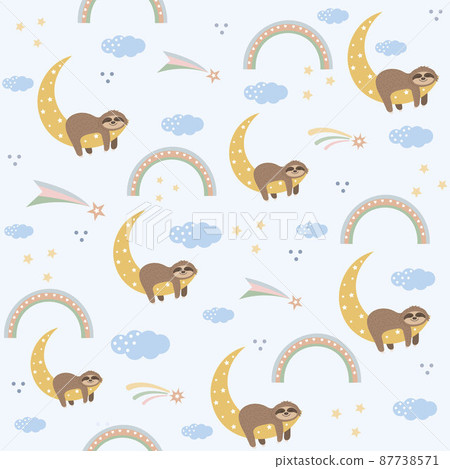 Children's cute pattern of sleeping Sloths among clouds, stars and rainbows, boho style, wallpaper, textiles, background Children's cute pattern of sleeping Sloths among clouds, stars and rainbows, boho style, wallpaper, textiles, background 87738571