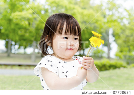 在一個新鮮的綠色公園裡,一個帶著蒲公英花的小女孩,在樹木的背景下。童年,育兒,快樂的形象 在一個新鮮的綠色公園裡,一個帶著蒲公英花的小女孩,在樹木的背景下。童年,育兒,快樂的形象 87738684