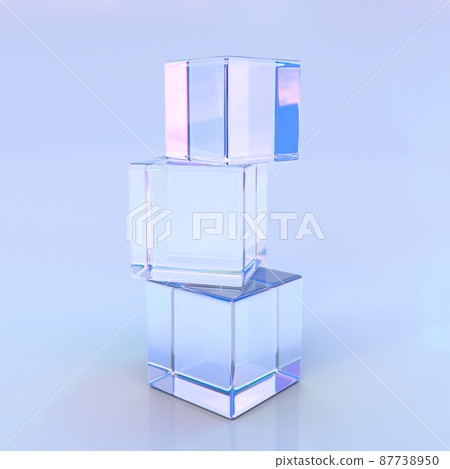 Stack crystal cubes or blocks with refraction light in prism and dispersion effect, glass iridescent composition of clear square boxes with chromatic gradient texture on blue background, 3d render 87738950