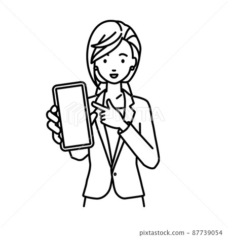 一個穿西裝的女人站著指著她的智能手機 插圖素材 圖庫