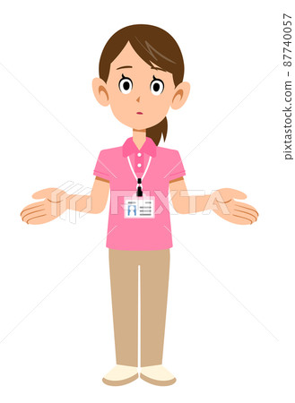 A female staff member wearing a short-sleeved polo shirt and wearing a name tag A female staff member wearing a short-sleeved polo shirt and wearing a name tag 87740057