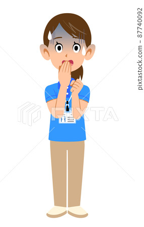An impatient expression of a female staff member wearing a short-sleeved polo shirt and a name tag An impatient expression of a female staff member wearing a short-sleeved polo shirt and a name tag 87740092