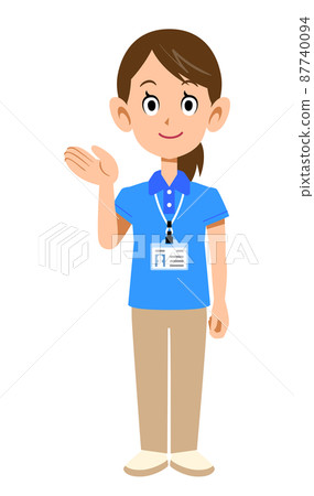 A female staff member wearing a short-sleeved polo shirt and wearing a name tag guides you with the palm of your hand. A female staff member wearing a short-sleeved polo shirt and wearing a name tag guides you with the palm of your hand. 87740094