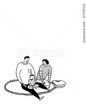 Father and mother with baby on lap, family, line drawing (vertical, lower left arrangement) 87740144