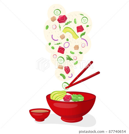 Flying ahi tuna poke bowl illustration Hawaiian cuisine with sauce boat and chopsticks. Vector stock illustration isolated on white background for fast food restaurant with healthy, bio, meals. EPS10 87740654