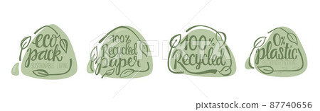 Recycled paper, plastic, eco packaging lettering set. Vector stock illustration isolated on white background for label, wrapping, package. EPS10 Recycled paper, plastic, eco packaging lettering set. Vector stock illustration isolated on white background for label, wrapping, package. EPS10 87740656