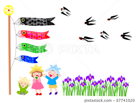 Children watching carp streamers and swallows flying over the iris field Children watching carp streamers and swallows flying over the iris field 87741020