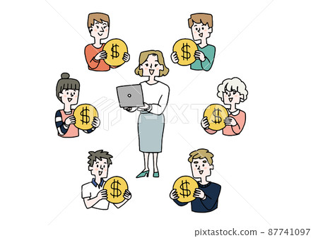 一個通過眾籌籌集資金的女人、一個滑稽的手寫人物、一個矢量和簡單的線條圖著色。 87741097