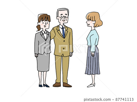 A senior man introducing a woman to a woman Comical handwritten person Vector, simple coloring of line drawing A senior man introducing a woman to a woman Comical handwritten person Vector, simple coloring of line drawing 87741113