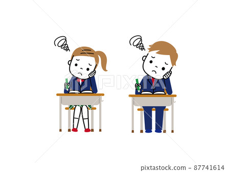 Students who are frowning and thinking while studying Students who are frowning and thinking while studying 87741614