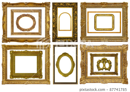 Set of various Decorative vintage gilded golden wooden frames isolated on white background 87741785