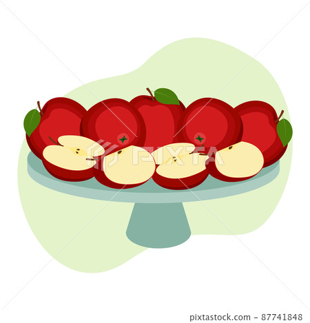 Ripe apples on tray, whole fruit and halves, vector illustration 87741848