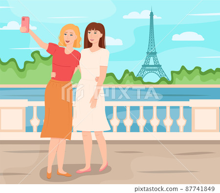 Girlfriends take a photo against the backdrop of the Eiffel Tower, vector illustration 87741849
