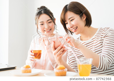 A woman looking at a smartphone together 87742368