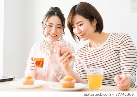 A woman looking at a smartphone together 87742369