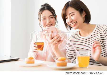 A woman looking at a smartphone together 87742370