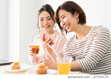 A woman looking at a smartphone together 87742373