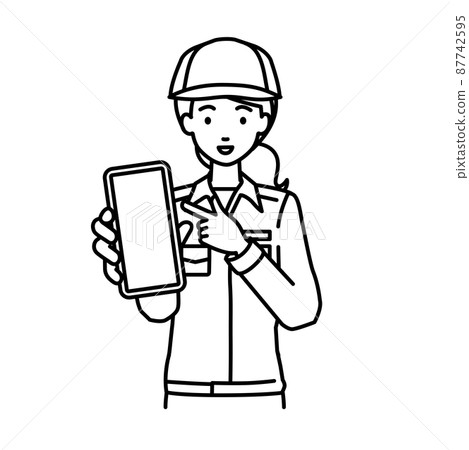 A female worker standing and pointing at her smartphone 87742595