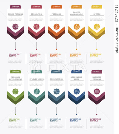 Infographic Business Training template. Icons in different colors. Include Online Training, Consulting, Potencial, Career Advancement and others. Infographic Business Training template. Icons in different colors. Include Online Training, Consulting, Potencial, Career Advancement and others. 87742715