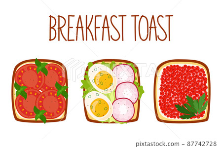 Set of toasts for breakfast with different fillings. Toasts with tomatos, cooked egg and radish, caviar and greens. Vector illustration Set of toasts for breakfast with different fillings. Toasts with tomatos, cooked egg and radish, caviar and greens. Vector illustration 87742728