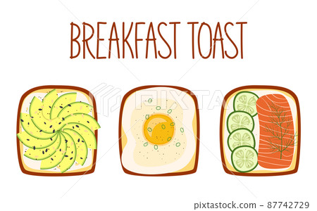Set of toasts for breakfast with different fillings. Toasts with avocado, egg, salmon and cucumber. Vector illustration Set of toasts for breakfast with different fillings. Toasts with avocado, egg, salmon and cucumber. Vector illustration 87742729