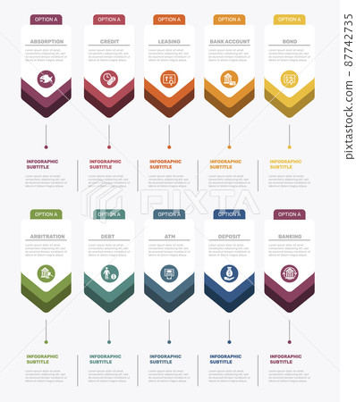 Infographic Banking template. Icons in different colors. Include Absorption, Credit, Leasing, Bank Account and others. Infographic Banking template. Icons in different colors. Include Absorption, Credit, Leasing, Bank Account and others. 87742735