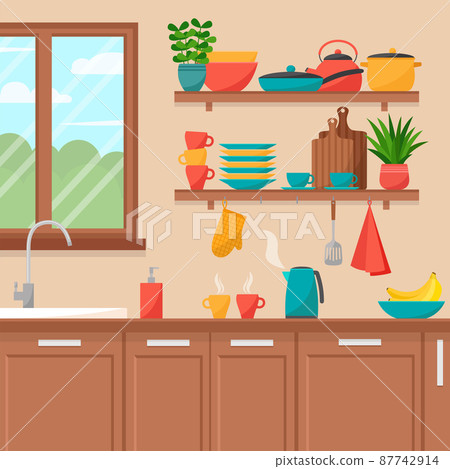 Kitchen interior. Shelves with cooking tools, vector illustration 87742914