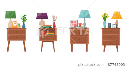 Set of bedside tables with lamp, clock, vase with flowers, books, phone, cream for hand and face, vector illustration Set of bedside tables with lamp, clock, vase with flowers, books, phone, cream for hand and face, vector illustration 87743003