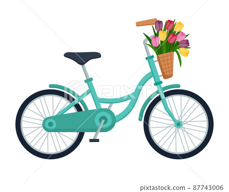 Bicycle with basket full of tulips, vector illustration 87743006