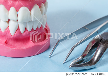 Stainless steel dental tongs and layout of the human jaw on the blue background. 87743082