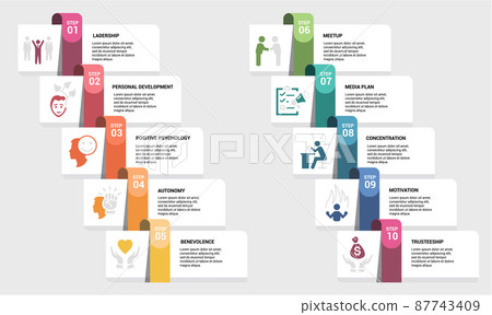 Infographic Business Management template. Icons in different colors. Include Leadership, Personal Development, Positive Psychology, Autonomy and others. Infographic Business Management template. Icons in different colors. Include Leadership, Personal Development, Positive Psychology, Autonomy and others. 87743409