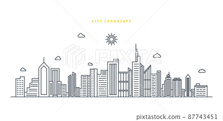 Cityscape. Modern flat line landscape vector. City landscape line art illustration with building, tower, skyscrapers. Vector illustration. Cityscape. Modern flat line landscape vector. City landscape line art illustration with building, tower, skyscrapers. Vector illustration. 87743451