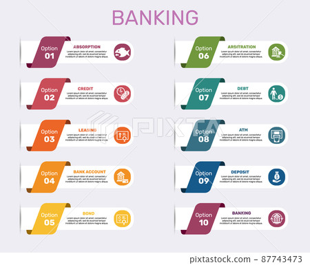 Infographic Banking template. Icons in different colors. Include Absorption, Credit, Leasing, Bank Account and others. Infographic Banking template. Icons in different colors. Include Absorption, Credit, Leasing, Bank Account and others. 87743473