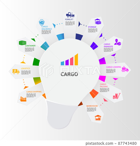 Infographic Cargo template. Icons in different colors. Include Cargo Shipping, Logistics, Container, Cargo Insurance and others. 87743480