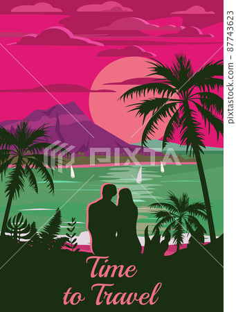 Retro Vintage style travel poster or sticker. Tropical island paradise couple of lovers sunset, ocean, beach and palm trees. Summer vacation holiday. Vector, isolated Retro Vintage style travel poster or sticker. Tropical island paradise couple of lovers sunset, ocean, beach and palm trees. Summer vacation holiday. Vector, isolated 87743623