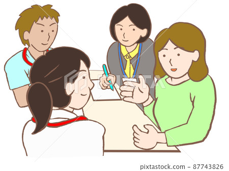 出院支持會議 一名抑鬱婦女、一名精神科醫生、一名護士和一名心理健康工作者的插圖 出院支持會議 一名抑鬱婦女、一名精神科醫生、一名護士和一名心理健康工作者的插圖 87743826