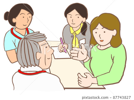 出院支持會議 一名抑鬱婦女、一名精神科醫生、一名護士和一名心理健康工作者的插圖 出院支持會議 一名抑鬱婦女、一名精神科醫生、一名護士和一名心理健康工作者的插圖 87743827