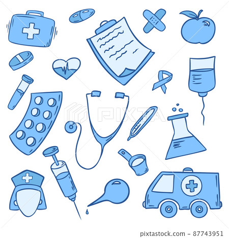 Hand drawn collection of daily necessities. Medical and health care items. 87743951