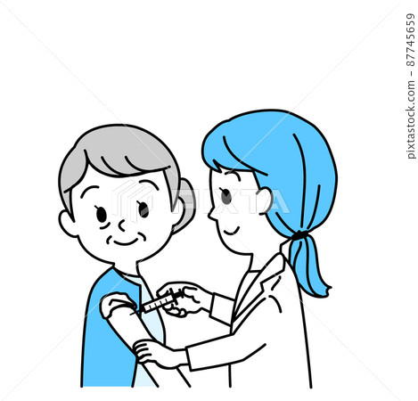 插圖素材：老年人新冠疫苗接種（接種/微笑/帶主線/單色） 87745659