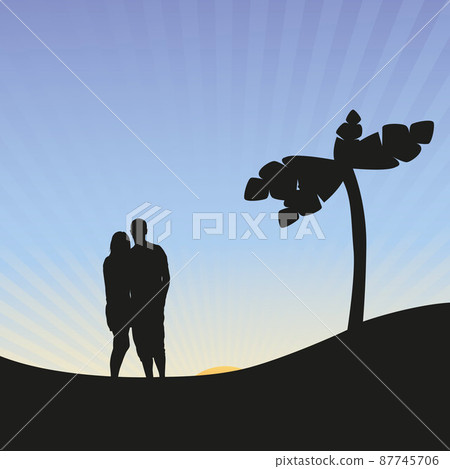Vector silhouettes of romantic couple on tropical vacation 87745706
