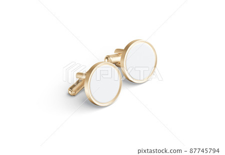 Blank round gold cufflinks toggle mockup pair lying, side view Blank round gold cufflinks toggle mockup pair lying, side view 87745794