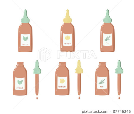 A set of essential or cosmetic oils in a glass bottle of lemon, fir and mint, pipette with a drop. Vector illustration, skin care concept A set of essential or cosmetic oils in a glass bottle of lemon, fir and mint, pipette with a drop. Vector illustration, skin care concept 87746246