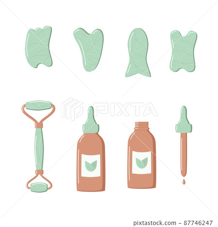 A set of trendy gua sha scrapers made of natural stone and cosmetic oil, roller massager for facial care. Vector illustration skin care concept A set of trendy gua sha scrapers made of natural stone and cosmetic oil, roller massager for facial care. Vector illustration skin care concept 87746247