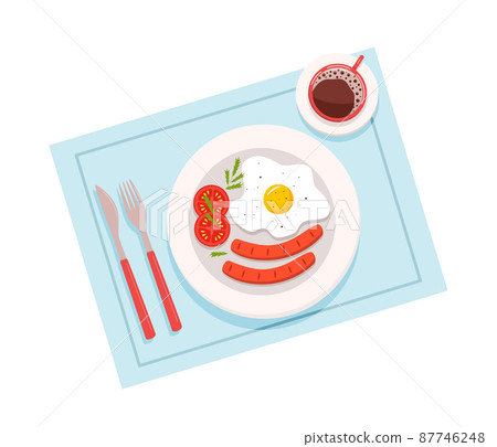 Fried egg, sausage and tomatoes on a plate, a cup of coffee. Breakfast concept, flat lay. Vector illustration of cooked food 87746248