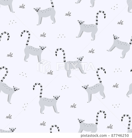 Seamless pattern with cartoon lemur, funny cute animals of Africa monkeys lemur. Background, wallpaper for printing on clothing packaging. 87746250