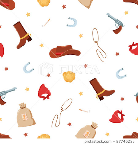 Seamless pattern Wild West set of vector illustrations. Cowboy western elements icon. hat, neckerchief, boots, lasso, horseshoe, bag and money, pistol and cigarette 87746253