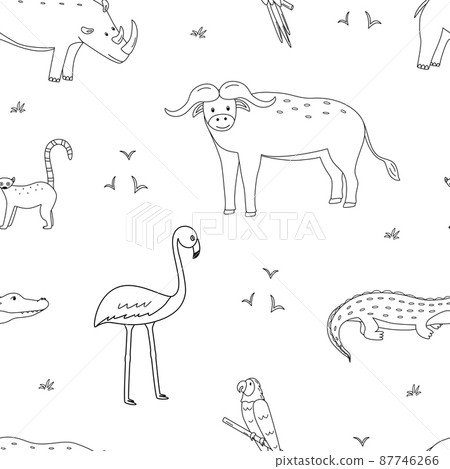Seamless pattern with cute cartoon animals of Africa. Vector illustration background, wallpaper african buffalo parrot macaw rhinoceros crocodile lemur flamingos Seamless pattern with cute cartoon animals of Africa. Vector illustration background, wallpaper african buffalo parrot macaw rhinoceros crocodile lemur flamingos 87746266